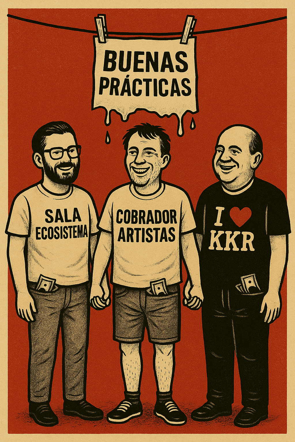 Salas, managers y promotores se ríen cogidos de las manos, secas con dinero de más ayudas, después de dejar chorreando en el tendedero institucional un nuevo "código". Ilustración: PerroKO para KOpress (2025).